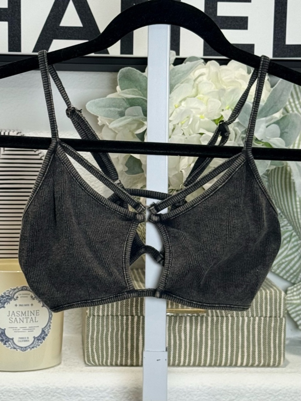 POL Acid Wash Strappy Bralette Crop Top Charcoal Black Size  S